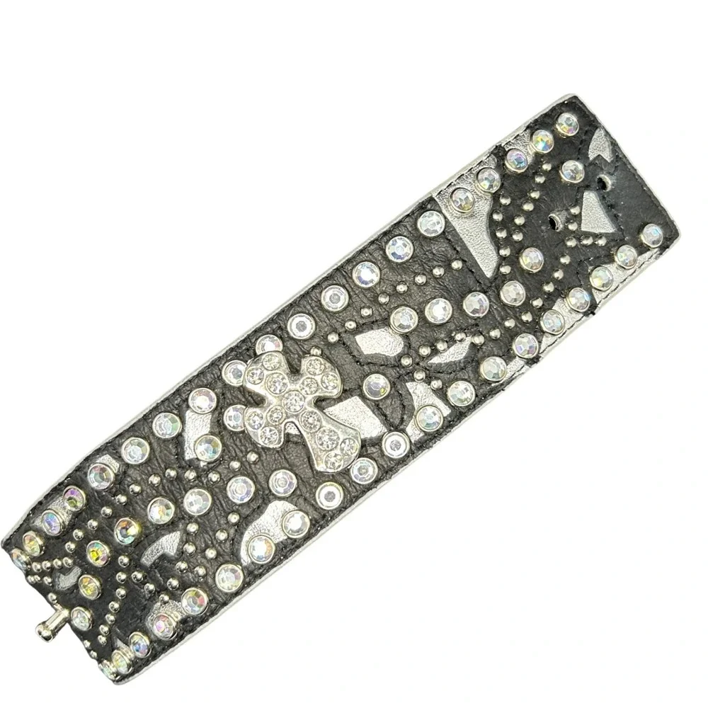 Punk Western Leather Cross Cuff Bracelet Black Silver Rhinestone Studded Edgy 7
